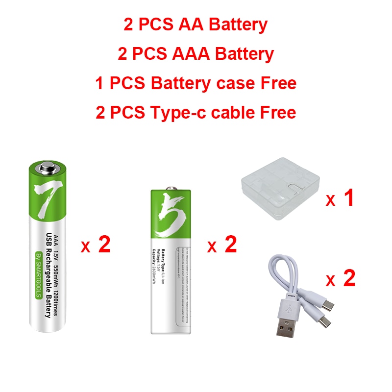 Bright Beam USB rechargeable 2xAA and 2xAAA battery combo: AA 1.5V 2600mWh and 1.5V AAA 750mWh li-ion